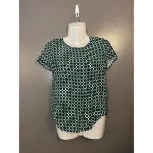 H&M Shirt Womens Small Green White Geometric Print Short Sleeve Keyhole Blouse